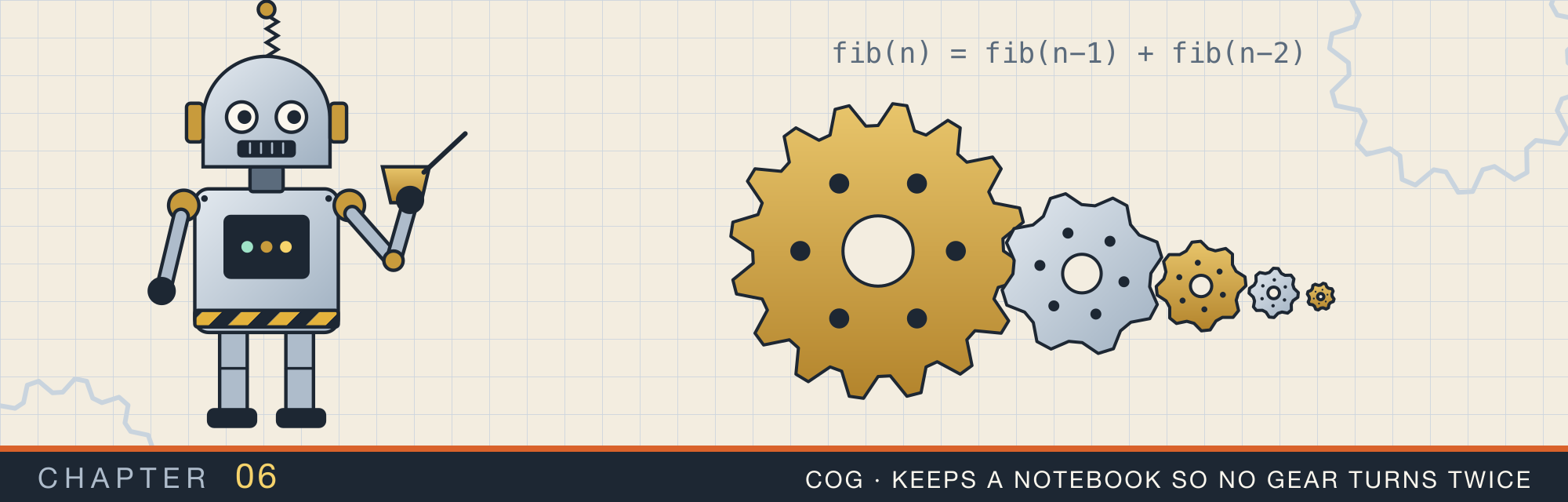 Cog, the robot who keeps a notebook so no gear turns twice, beside a train of gears, each half the size of the last