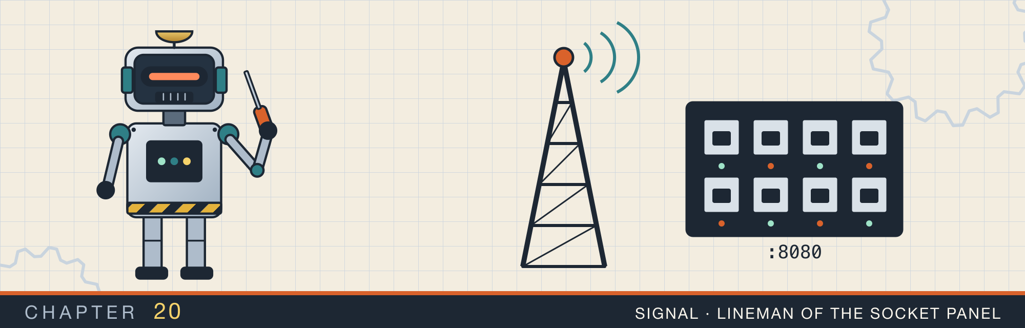 Signal, the robot who is the lineman of the socket panel, beside a lattice radio mast with waves, and a patch panel of sockets