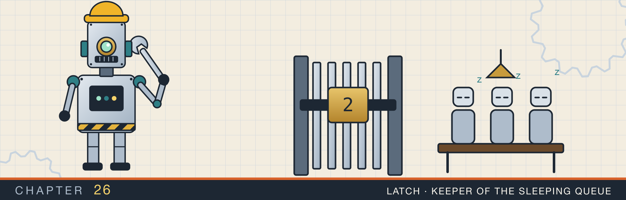 Latch, the robot who is the keeper of the sleeping queue, beside a gate latch on a single brass word, with a bench of sleeping robots behind it under a lamp