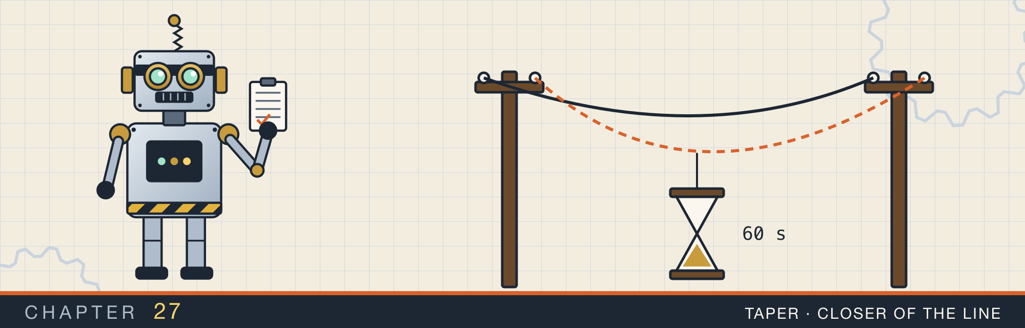 Taper, the robot who is the closer of the line, beside two telegraph poles whose wire is being lowered, with a sixty-second hourglass hanging from it