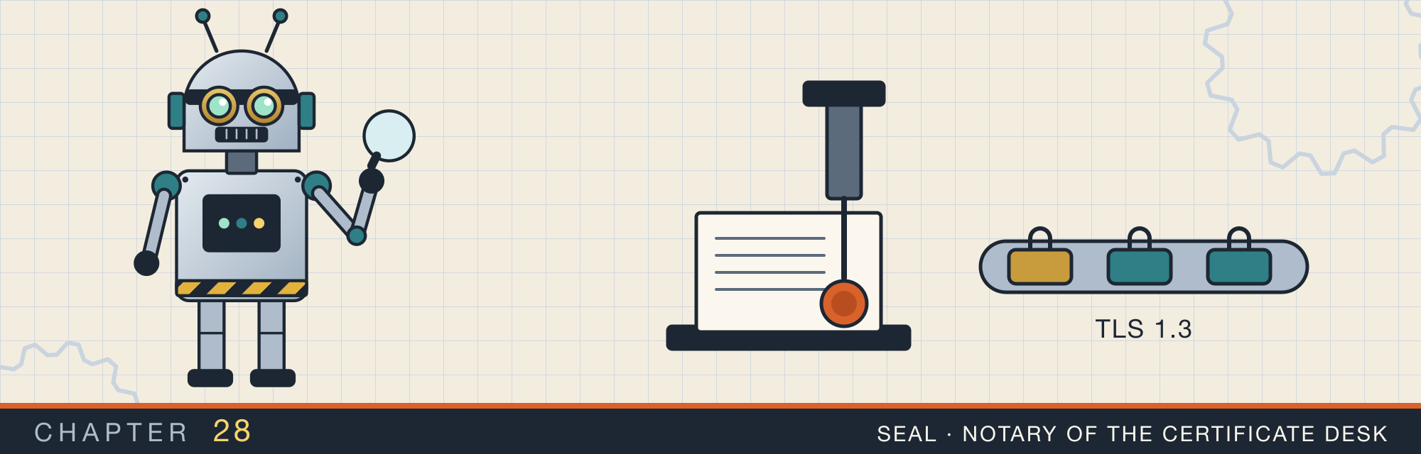 Seal, the robot who is the notary of the certificate desk, beside a press that stamps a wax seal onto a certificate, and a padlocked pipe carrying records