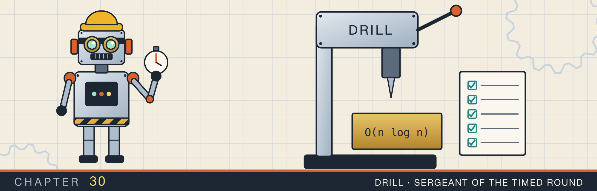 Drill, the robot who is the sergeant of the timed round, beside a drill press over a workpiece stamped with a problem