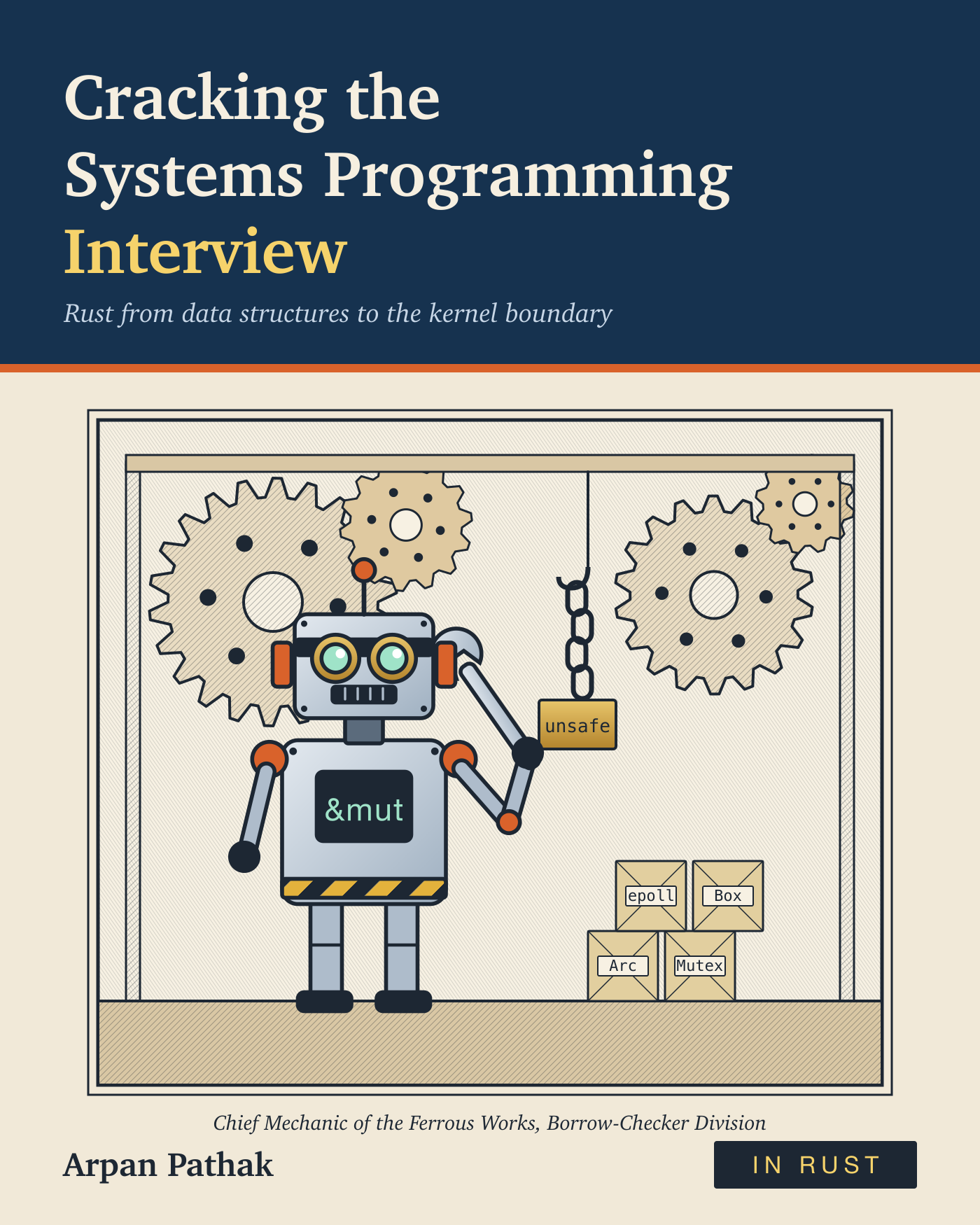 Cover of Cracking the Systems Programming Interview: a robot mechanic with goggles and a wrench stands in a workshop of gears