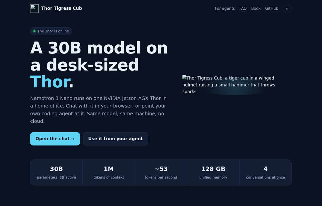 The About page in the dark theme: the cub, the headline 'A 30B model on a desk-sized Thor', the buttons Open the chat and Use it from your agent, and the facts strip