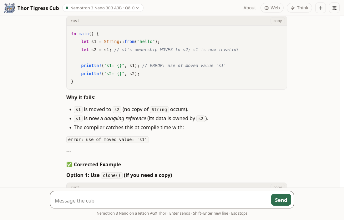 A Rust answer in the page: a highlighted code block for the example that does not compile, the reasons it fails, and the start of the corrected example.