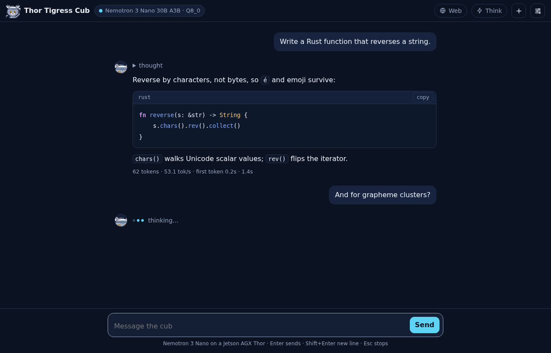 A conversation in the dark theme: a question, a folded 'thought' line, an answer with a highlighted Rust code block, a stats line, and a reply in progress shown as three dots