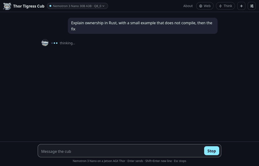 The chat page in Material Deep Ocean: the question typed in, the answer streaming with a highlighted code block, and the stats line when it finishes.
