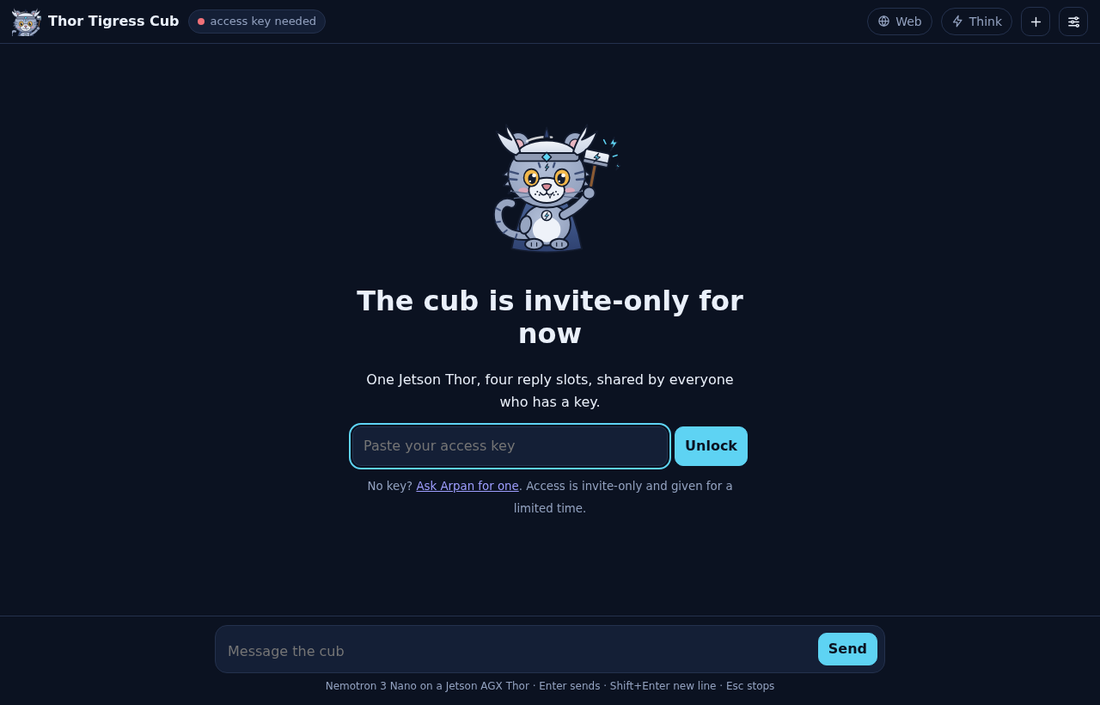 The invite screen: the cub, 'The cub is invite-only for now', a box to paste an access key, and a link to ask for one