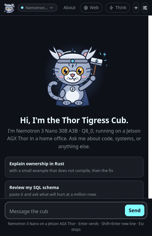 The chat page at phone width: the home screen naming Nemotron 3 Nano 30B A3B, then Dijkstra's algorithm in Rust at 51.5 tokens a second; then the home screen naming Qwen3.6 35B A3B NVFP4 and its answer at 65.8.