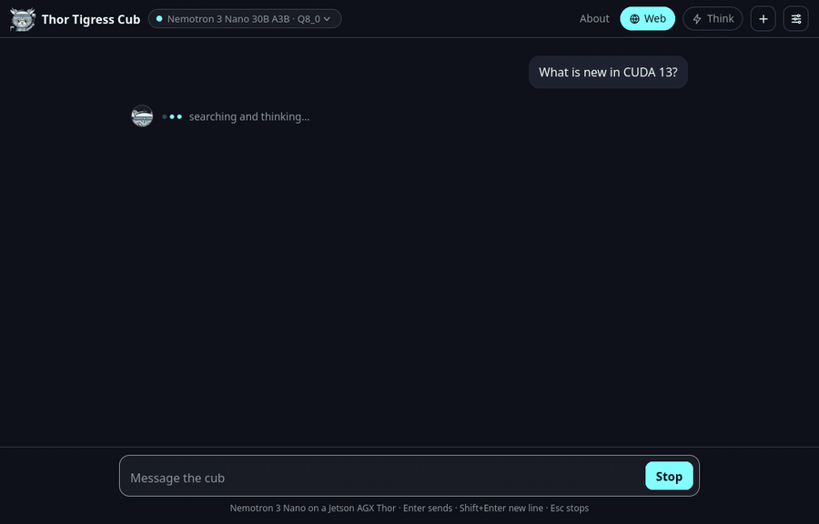 Web search in Material Deep Ocean: Web switched on, the search line and the sources listed as titled links, then the answer streaming in below with its stats line.