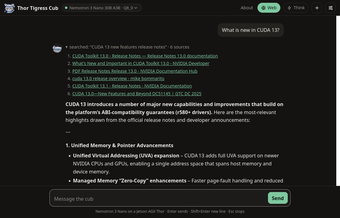 A question answered with Web on: the search line and the sources as titled links, then the answer below.