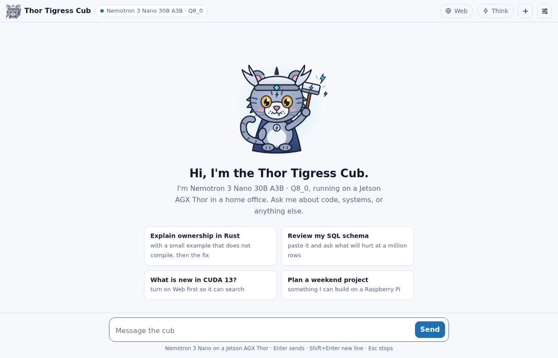The chat page in its light theme: the cub in the middle, a greeting, and four suggested prompts